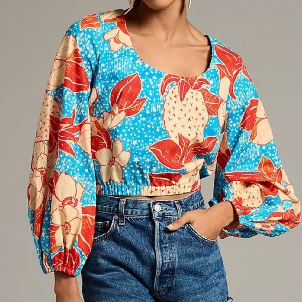 FARM Rio for Anthropologie Long Sleeve Blouse, Floral Swiss Dots, SZ X-Large EUC